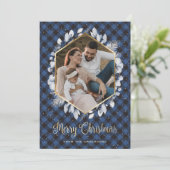 冬の植物の青い金ゴールド格子写真クリスマス シーズンカード (スタンド正面)