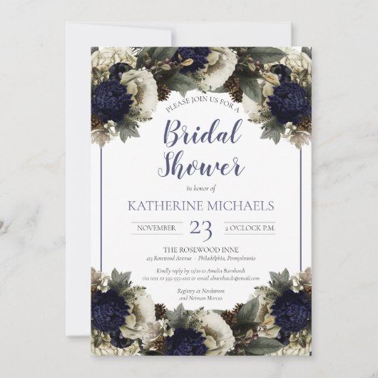 冬の植物の青|ウィンターホワイトブライダルシャワー 招待状 (正面)