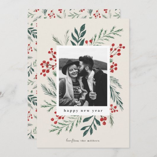 冬の植物クリスマスフォトベージュ新年 シーズンカード (正面/裏面)