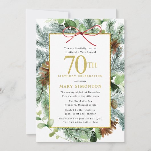 冬の植物フローラ金ゴールド70th誕生日パーティー 招待状 (正面)