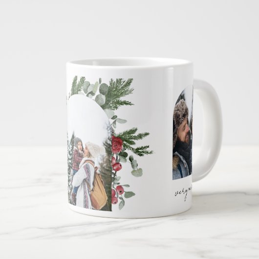 冬の植物三枚の写真と名前クリスマス ジャンボコーヒーマグカップ (正面右)