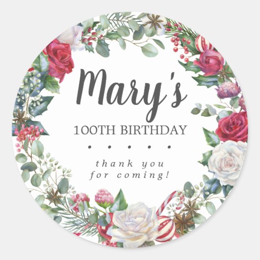 冬の植物学バラ100th誕生日ありがとう ラウンドシール (正面)