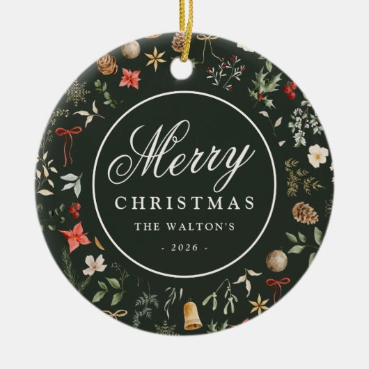 冬の植物学フェスティバルメリークリスマス セラミックオーナメント (正面)