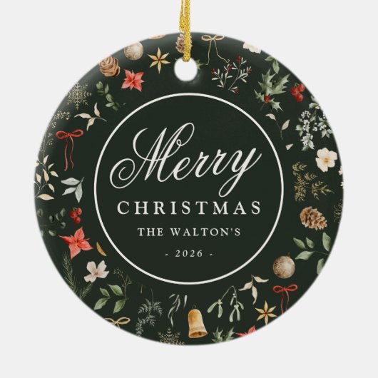 冬の植物学フェスティバルメリークリスマス セラミックオーナメント (裏面)