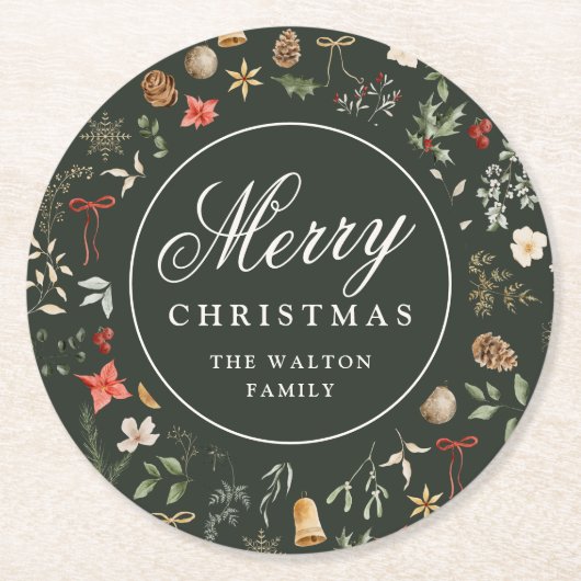 冬の植物学フェスティバルメリークリスマス ラウンドペーパーコースター (正面)
