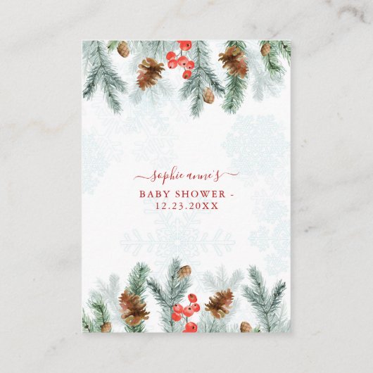 冬の植物性アドバイスモーミーベビーシャワー エンクロージャーカード (裏面)