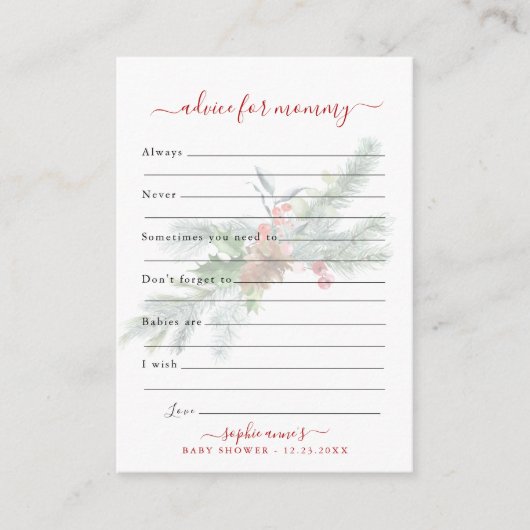 冬の植物性アドバイスモーミーベビーシャワー エンクロージャーカード (正面)