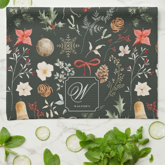 冬の植物性フェスティバルクリスマスモノグラム キッチンタオル (折り畳み)