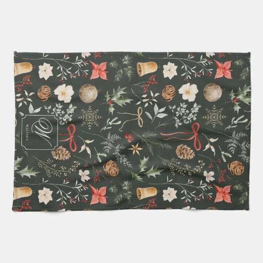 冬の植物性フェスティバルクリスマスモノグラム キッチンタオル (横)