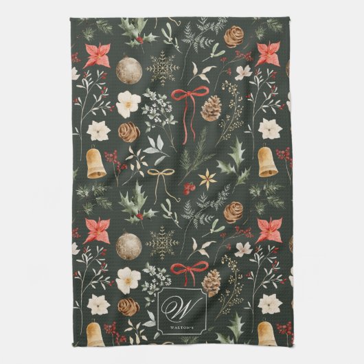 冬の植物性フェスティバルクリスマスモノグラム キッチンタオル (縦)