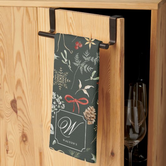 冬の植物性フェスティバルクリスマスモノグラム キッチンタオル (三つ折り)