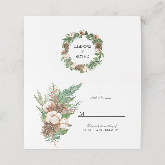 冬の植物白いフローラ結婚の折り畳み プレイスカード (外部開封)