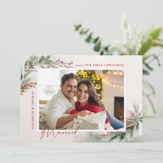 冬の植物赤い写真初めてのクリスマス 結婚した シーズンカード (スタンド正面)