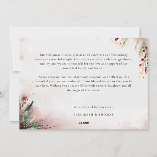 冬の植物赤い写真初めてのクリスマス 結婚した シーズンカード (裏面)