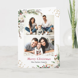 冬の植物2枚写真のコラージュが折り畳まれた挨拶 シーズンカード