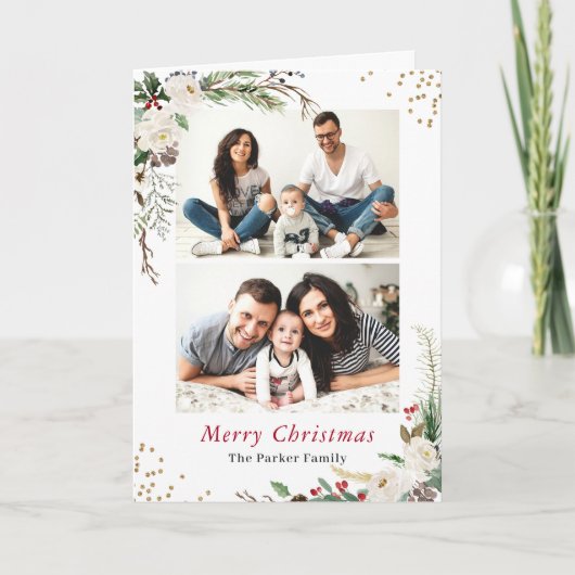 冬の植物2枚写真のコラージュが折り畳まれた挨拶 シーズンカード (正面)