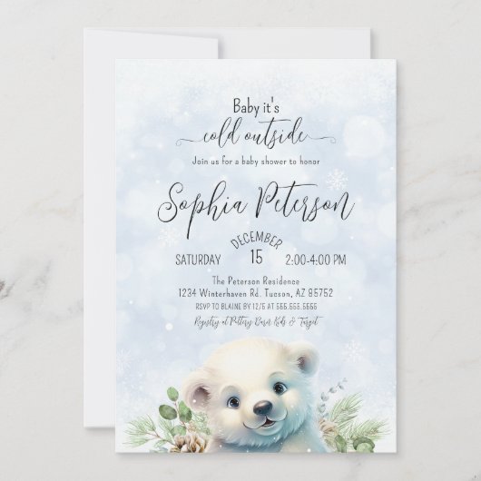 冬の極熊の寒い外の青い赤ちゃんシャワー 招待状 (正面)