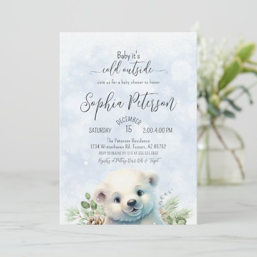 冬の極熊の寒い外の青い赤ちゃんシャワー 招待状 (スタンド正面)