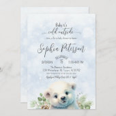 冬の極熊の寒い外の青い赤ちゃんシャワー 招待状 (正面/裏面)