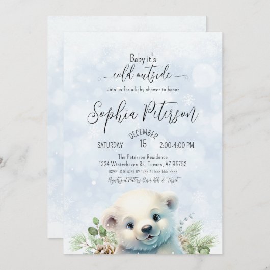 冬の極熊の寒い外の青い赤ちゃんシャワー 招待状 (正面/裏面)