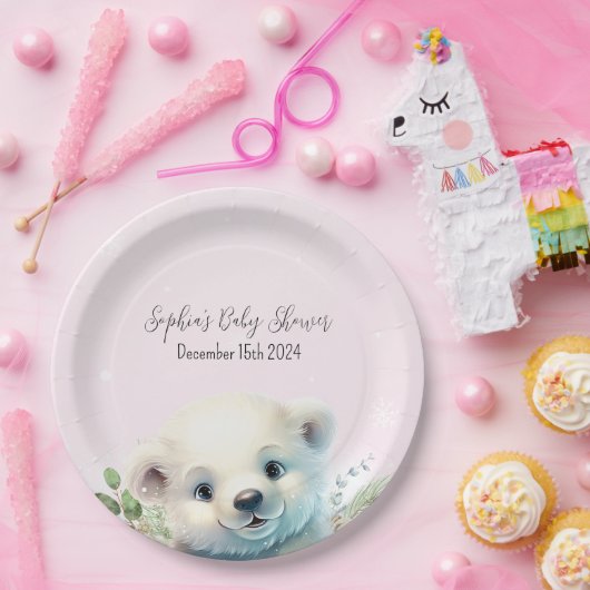 冬の極熊の寒さピンクの赤ちゃんシャワー外 ペーパープレート (パーティー)
