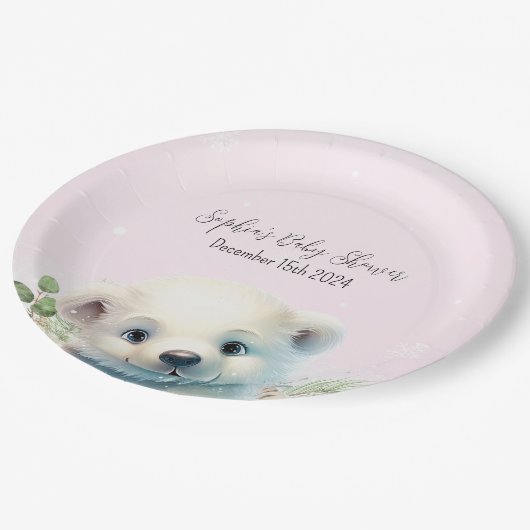 冬の極熊の寒さピンクの赤ちゃんシャワー外 ペーパープレート (アングル)