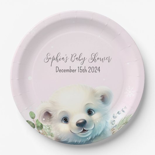 冬の極熊の寒さピンクの赤ちゃんシャワー外 ペーパープレート (正面)