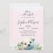 冬の極熊の寒さピンクの赤ちゃんシャワー外 招待状 (正面/裏面)