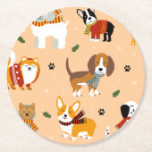 冬の楽しい仔犬のマフラー ラウンドペーパーコースター (正面)
