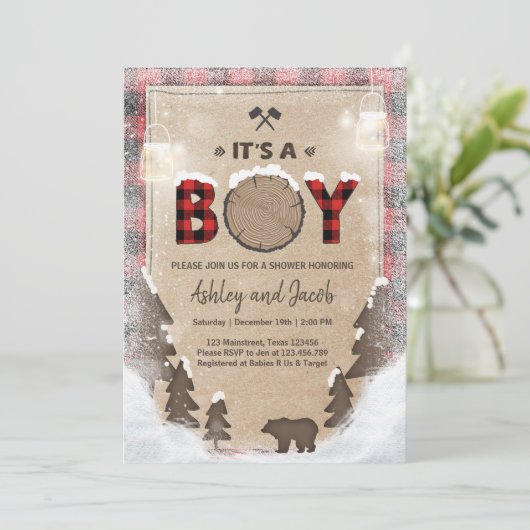 冬の樵のベビーシャワーの素朴な男の子の格子縞 招待状 (スタンド正面)