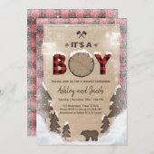 冬の樵のベビーシャワーの素朴な男の子の格子縞 招待状 (正面/裏面)