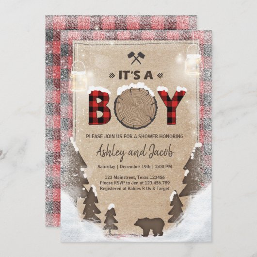 冬の樵のベビーシャワーの素朴な男の子の格子縞 招待状 (正面/裏面)