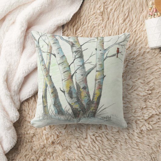 冬の樺の木によって着色される鉛筆の芸術 クッション (ブランケット)