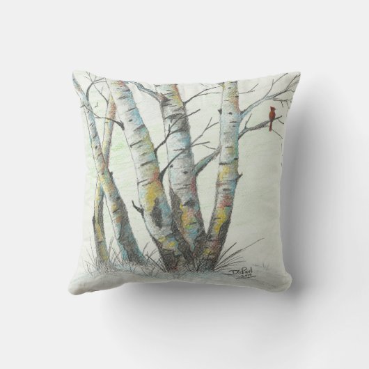 冬の樺の木によって着色される鉛筆の芸術 クッション (裏面)