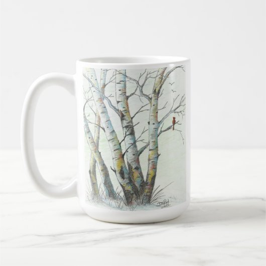 冬の樺の木によって着色される鉛筆の芸術 コーヒーマグカップ (左)