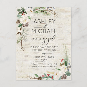 冬の樺の木書道結婚式の日付を保存 案内ポストカード