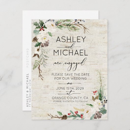 冬の樺の木書道結婚式の日付を保存 案内ポストカード (正面/裏面)