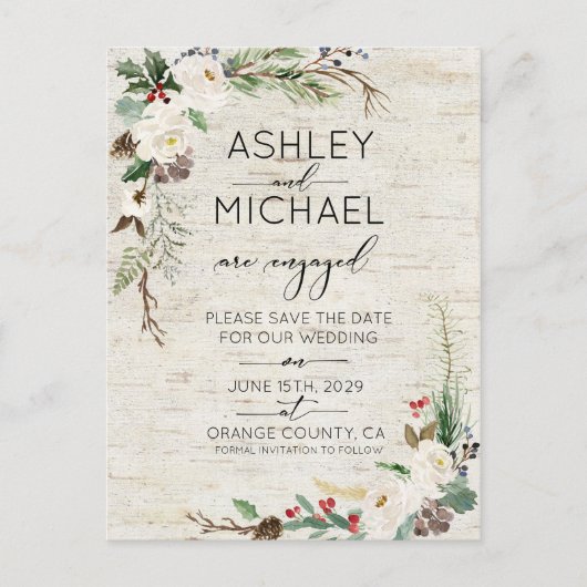 冬の樺の木書道結婚式の日付を保存 案内ポストカード (正面)