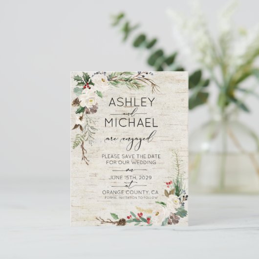 冬の樺の木書道結婚式の日付を保存 案内ポストカード (スタンド正面)