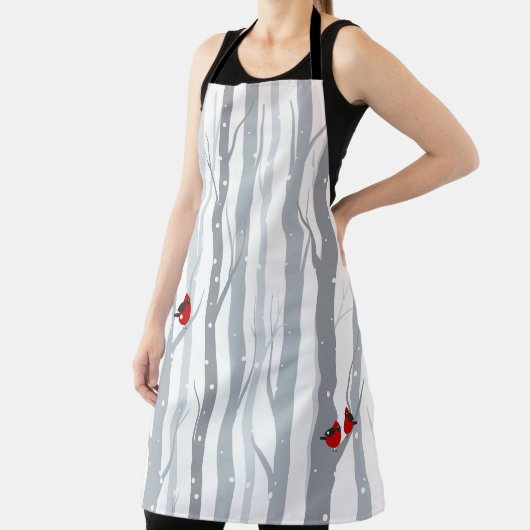 冬の樺の木:灰色の木、赤い鳥 エプロン (インサイチュ)