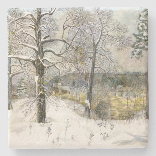 冬の橋の水の色絵画の ストーンコースター (正面)