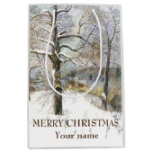 冬の橋の水の色絵画の ミディアムペーパーバッグ (正面)