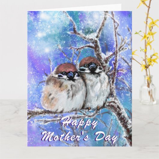 冬の母の日のカードにスズメの家族 カード (黄色い花)