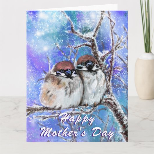 冬の母の日のカードにスズメの家族 カード (正面)