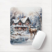 冬の水のカラーシーン – 鹿とコテージ マウスパッド (マウス)