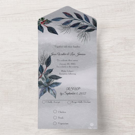 冬の水の色すべて1つの結婚式の招待 オールインワン招待状 (内側)