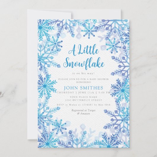 冬の水の色のスノーフレーク散水ベビーシャワー 招待状 (正面)