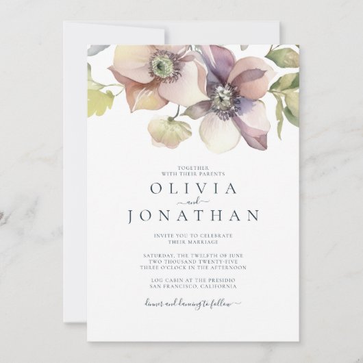 冬の水の色のフローラ結婚 招待状 (正面)