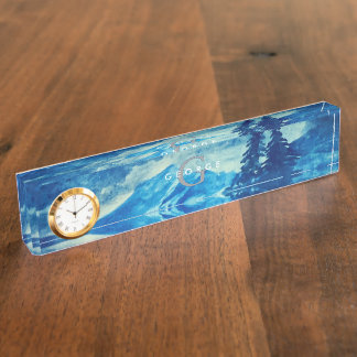 冬の水の色の山の風景モノグラム デスクネームプレート