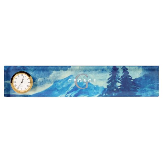 冬の水の色の山の風景モノグラム デスクネームプレート (正面)